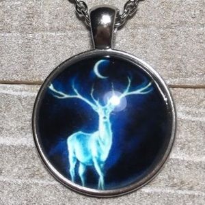Silver Blue Deer Buck Cabochon Necklace Pendant